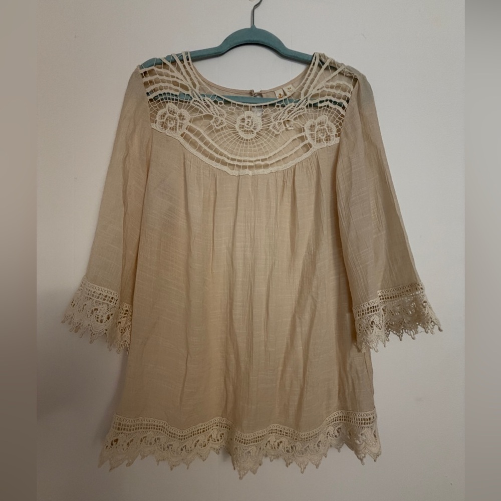 Adiva Lace Crochet Tunic‎ Womens Medium Beige Gauzy Fairy Feminine Whimsical